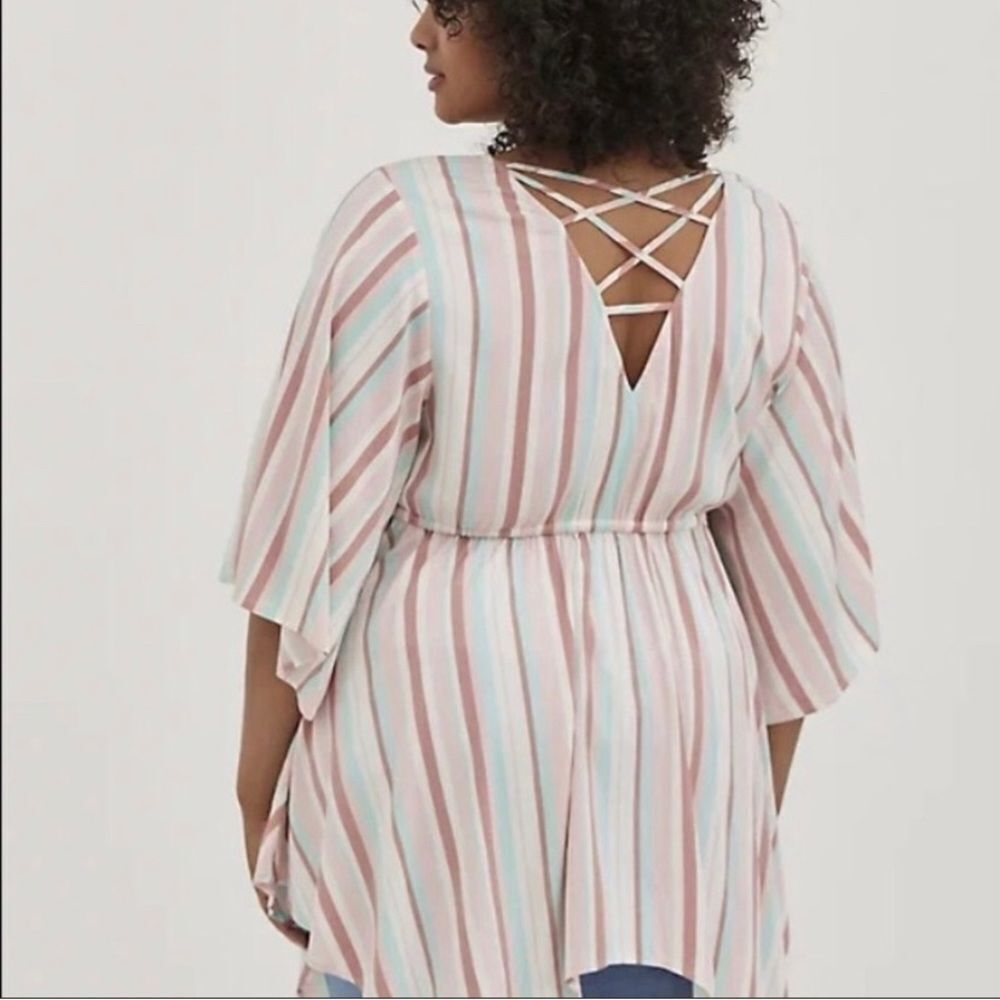 TORRID size 4X pink stripe sharkbite BABYDOLL STRETCH CHALLIS DOLMAN SLEEVE TUNI - Picture 2 of 6